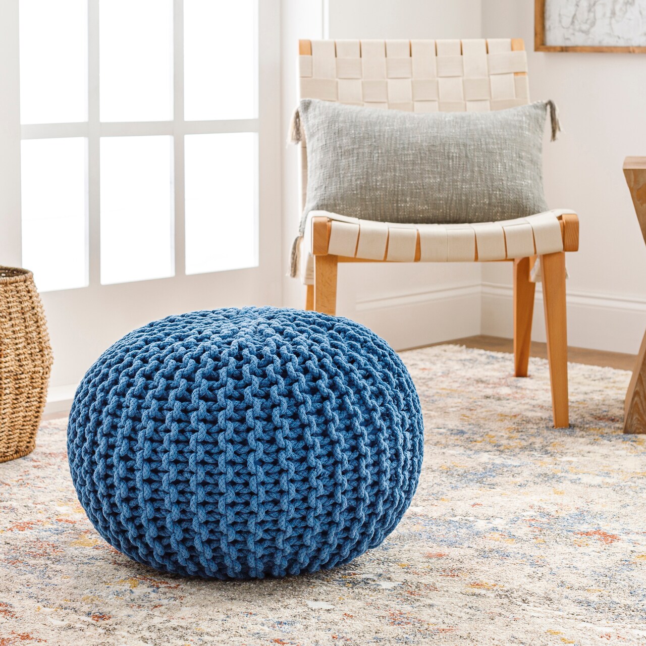 Diva At Home 20" x 14" Hermosa Sapphire Blue Hand Crafted Cotton Round Pouf Ottoman